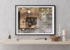 Industrial detail with rusty metal boxes, outlets and aged timber