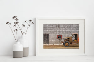 Textured barn wall and rusted truck in Ontario