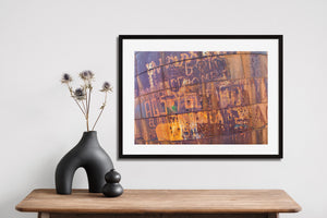 Abstract patterns of rust, faded graffiti and peeling colour on steel