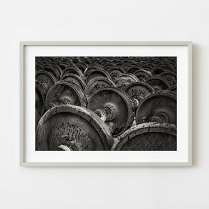 Rows of Rusted Rail Car Wheels Black and White Wall Art