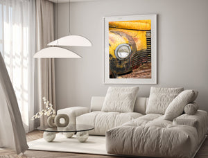 Close-up of old truck headlight artwork