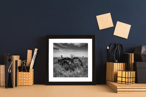Black and white photo of vintage farm machinery