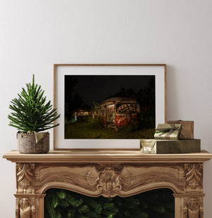 Urban decay photo print showing street car buses in quiet disrepair
