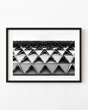 Close-up of the SAHMRI triangular facade in black and white