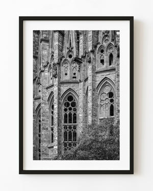 Sagrada Familia window details and stone facade in black and white