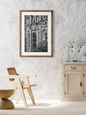 Black and white study of Sagrada Familia masonry and window patterns