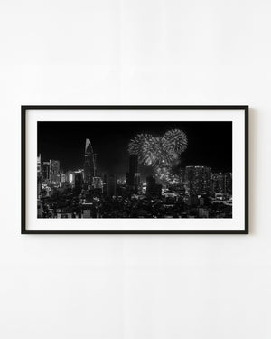Fireworks above the Saigon skyline in black and white