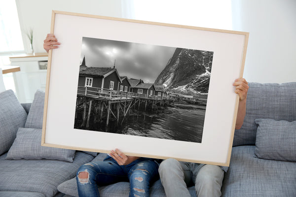 Lofoten cabins snowy peaks wall art