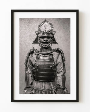 Samurai armour with a flame-shaped helmet crest in black and white