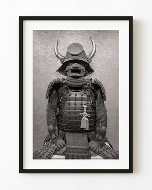 Samurai armour with a horned helmet in black and white