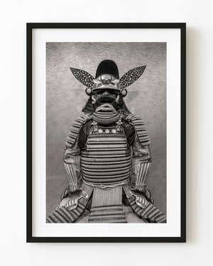 Samurai armour with a perforated wing crest in black and white
