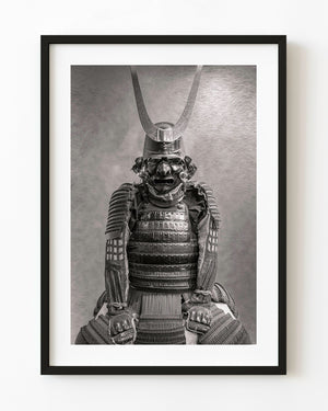 Samurai armour with a tall upright crescent crest in black and white