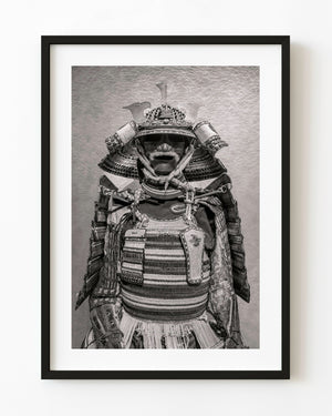 Samurai armour with a winged crest in black and white