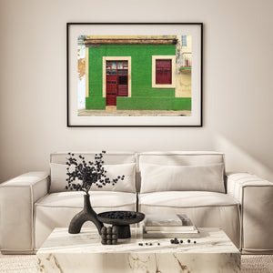 Colour architectural detail with cream trim and weathered red wood