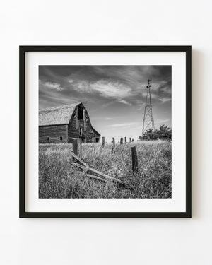 Saskatchewan barn and windmill in black and white