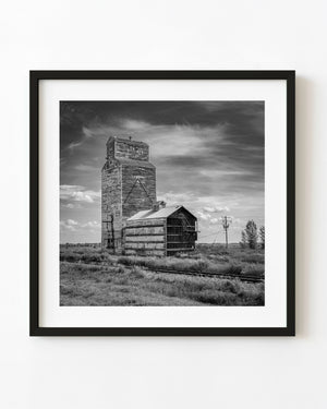 Weathered Saskatchewan grain elevator in black and white