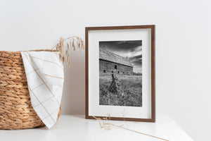 Monochrome farm scene with long timber siding and a shingled roof