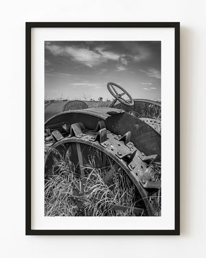 Old tractor steel wheel in Saskatchewan in black and white
