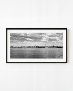 Sault Ste Marie waterfront panorama in black and white