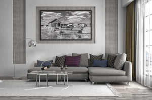 Ghost town architecture with classic wooden fence and cloudscape