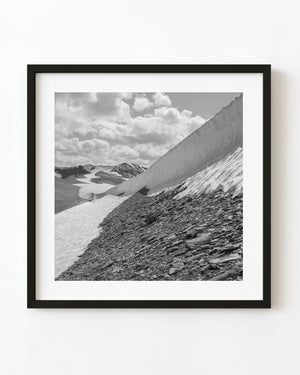 Sculpted snowbank in the Bugaboos in black and white