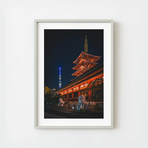 Tokyo Temple and Skytree Night Scene with Illuminated Architecture