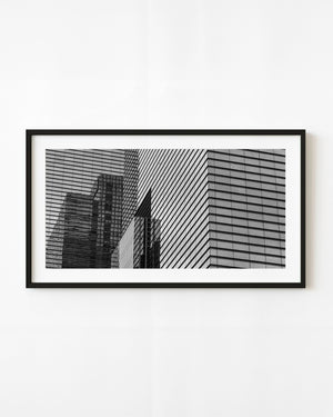 Geometric Seoul skyscraper reflections in black and white