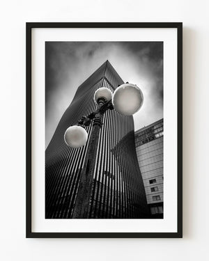 Seoul streetlight beneath Garak Tower East in black and white
