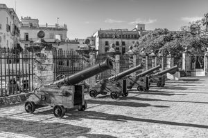 Black and white photo of Cuban cannons