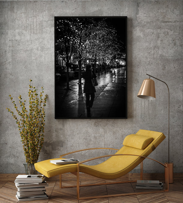 Shadowy figure of a woman walks alone on the streets of New York City | Photo Art Print fine art photographic print