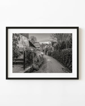 Shere village lane in black and white