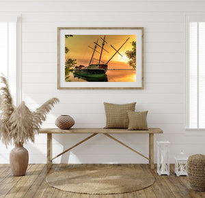 Rusting vessel La Grande Hermine at dawn