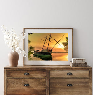 Abandoned sailboat at serene Lake Ontario