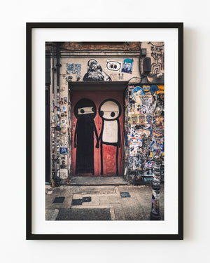 Shoreditch painted doorway with pigeon street art