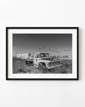 Abandoned fuel truck in Sidney Nebraska in black and white