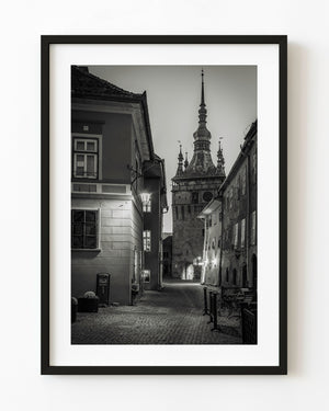 Sighisoara clock tower at dawn in black and white