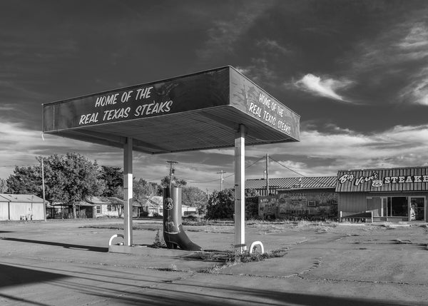 Route 66 Texas steakhouse abandoned black and white photo