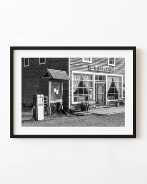 Silver Islet general store facade in black and white