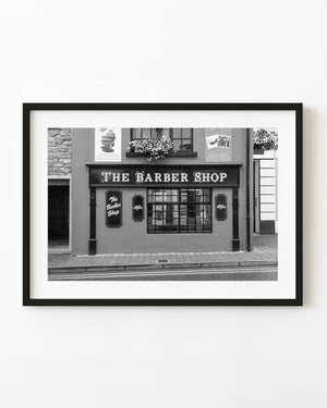 Sligo barber shop facade in black and white