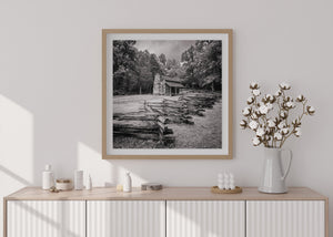 Square black and white photograph of a secluded wooden cabin