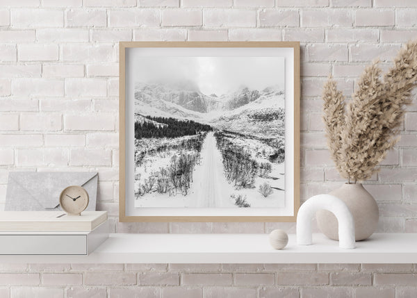 Snowy mountains and pathway Norway black and white