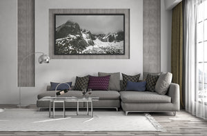 Monochrome mountain landscape with cloud obscuring the summits