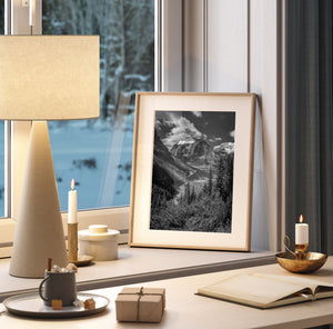 Dramatic mountain scene in black and white