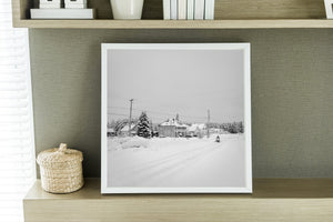 Monochrome village scene with snow-covered roofs and evergreen trees