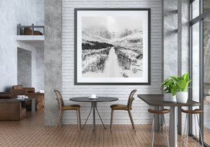 Snow-covered mountains and frozen lake Norway black and white