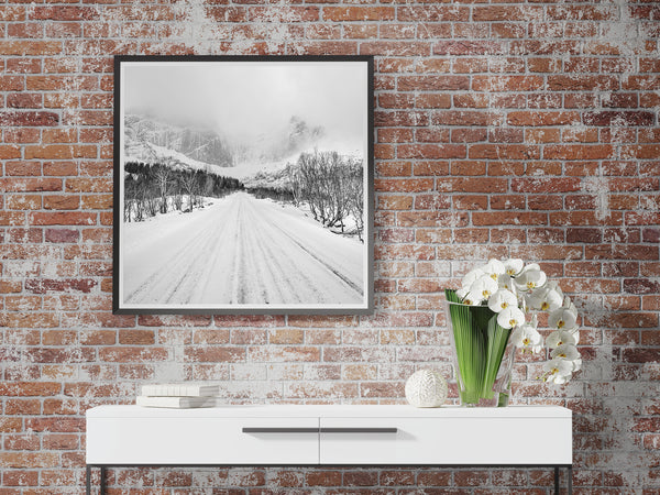 Winter scene Norway snowy road black and white