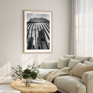 urban skyscraper reflection photograph in black and white