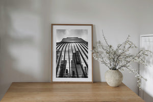 abstract geometric architecture with mirrored cityscape