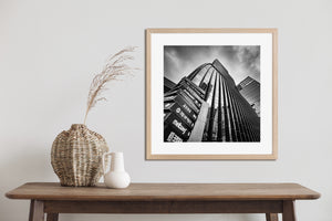 Contemporary building design in Seoul captured from street level