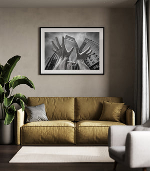 Seoul urban artwork with hands reaching toward tall building